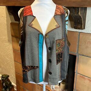 Vintage Faith Patchwork Embroidered Animal/Multi Print Vest, XL!